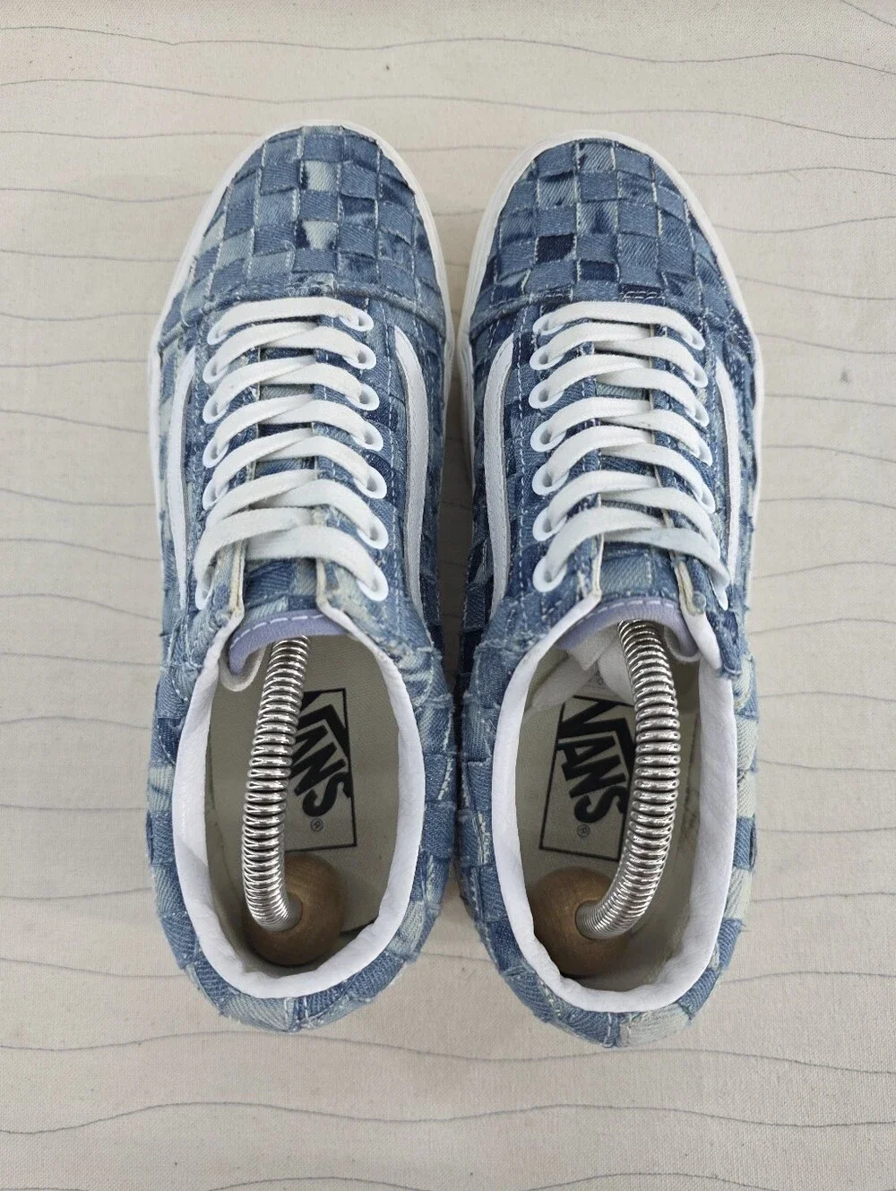 Vans Womens Old Skool Stackform Platform Blue Woven Denim Sneakers Shoes Sz 8.5